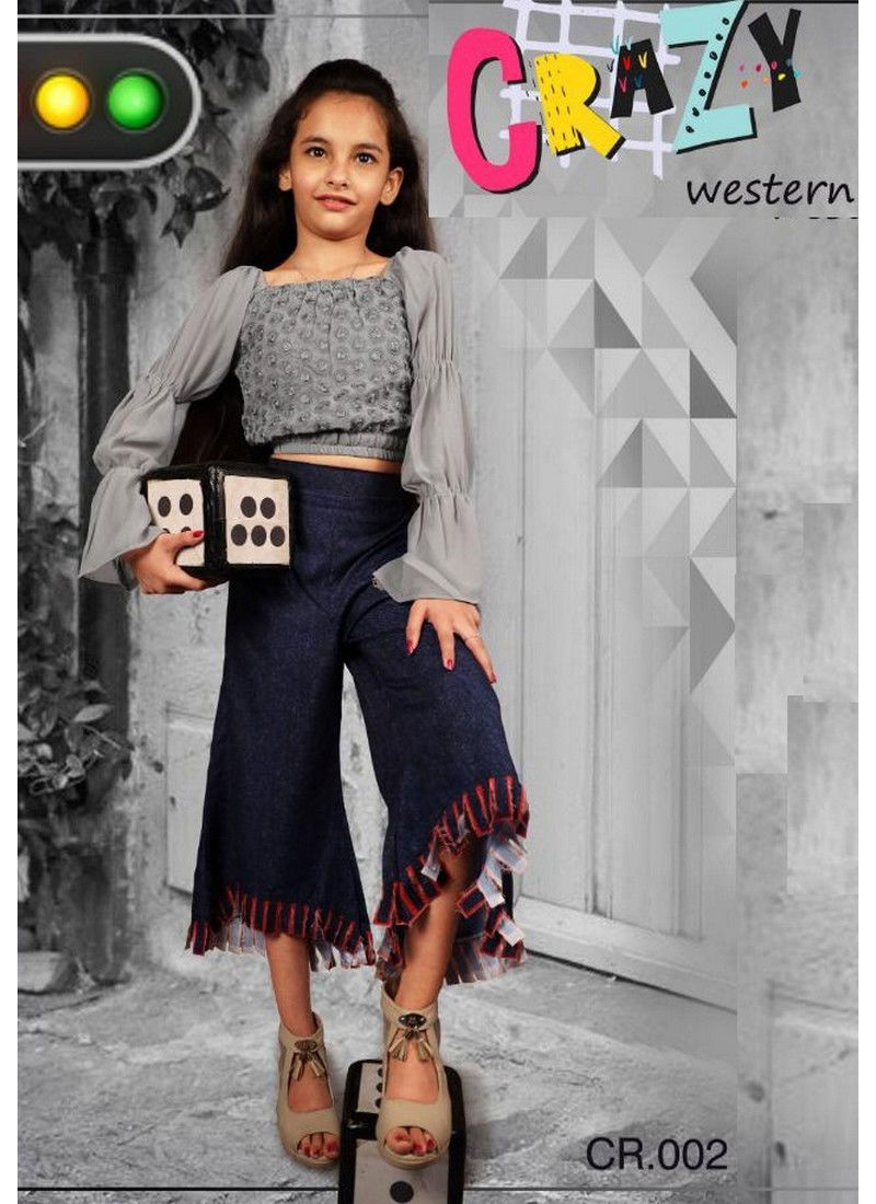 Grey Colour Crazy Weastern Faux Georgette Top With Pant Two Piece Childrens Wear Collection 002
